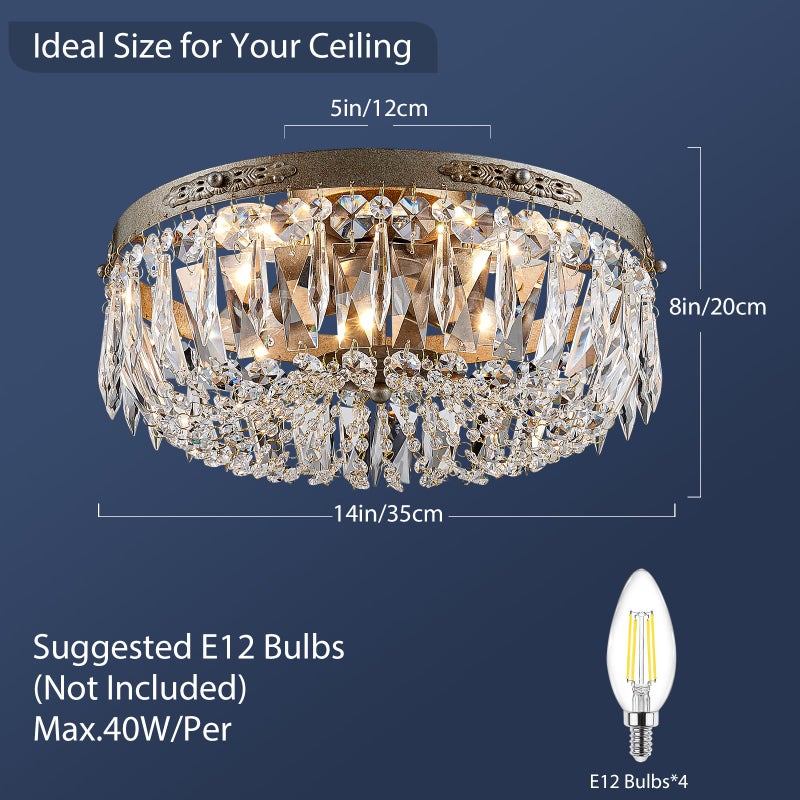 Bestier Antique Silver French Empire Crystal Semi Flush Mount Chandelier Lighting LED Ceiling Light Fixture Lamp for Dining Room Bathroom Bedroom Livingroom 4 E12 Bulbs Required D14 in X H8 in - Image 3